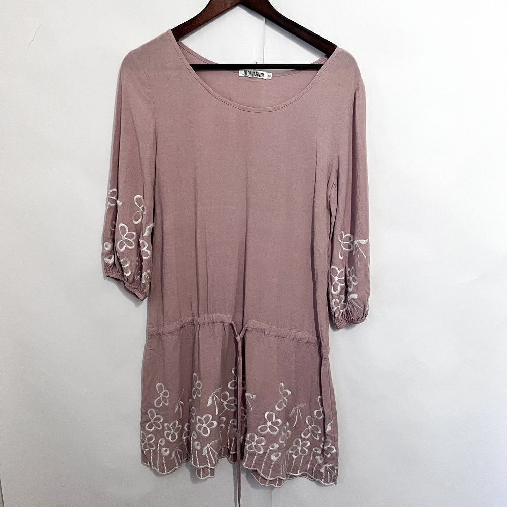 Anthropologie Monoreno Women's Dress Linen Blend Small Mauve Embroidered